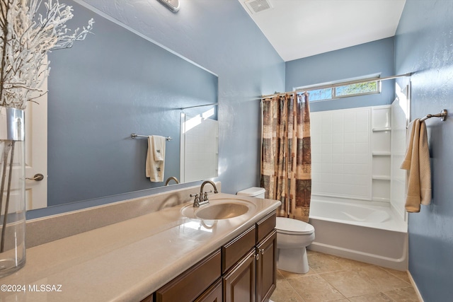 full bath with visible vents, shower / bath combination with curtain, toilet, vanity, and tile patterned floors