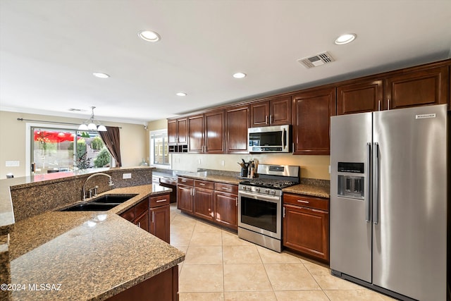 kitchen featuring visible vents, recessed lighting, appliances with stainless steel finishes, light tile patterned flooring, and a sink