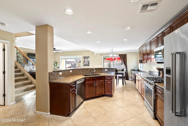 kitchen with light tile patterned floors, visible vents, recessed lighting, appliances with stainless steel finishes, and a sink