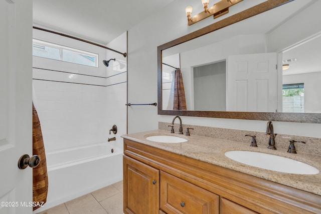 8972 E Mcmurray Pl, Tucson, AZ 85730 - bathroom featuring shower / tub combo with curtain, double vanity, and tile patterned flooring