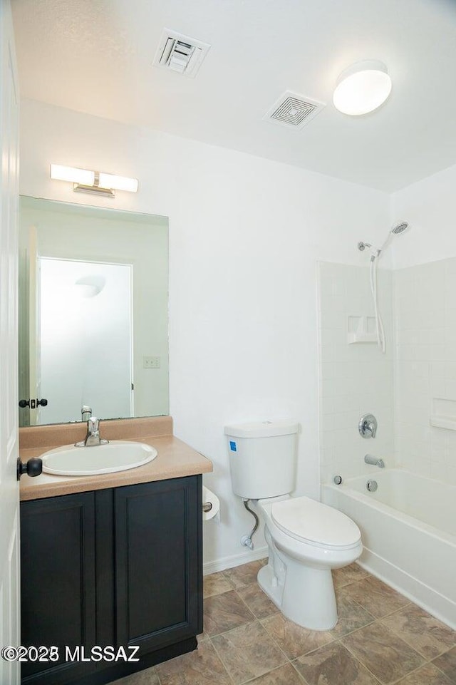 bathroom with visible vents, toilet, bathtub / shower combination, and vanity