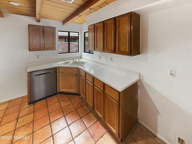 kitchen featuring dishwasher, a sink, light countertops, wood ceiling, and beamed ceiling