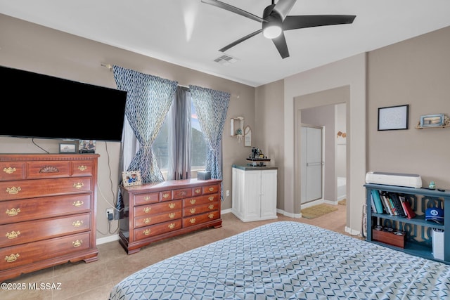 bedroom with visible vents, baseboards, a ceiling fan, and light tile patterned flooring