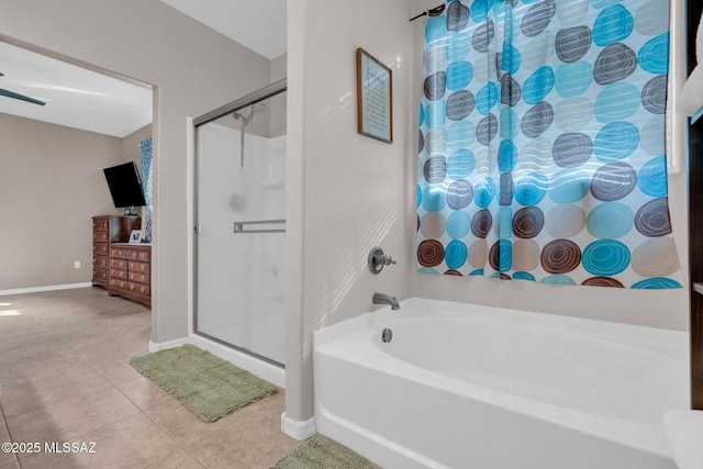 bathroom featuring an enclosed shower, baseboards, a washtub, and tile patterned flooring