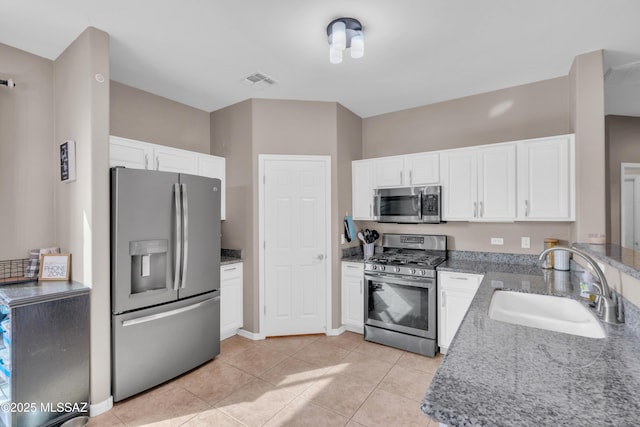kitchen with a sink, white cabinetry, visible vents, and stainless steel appliances