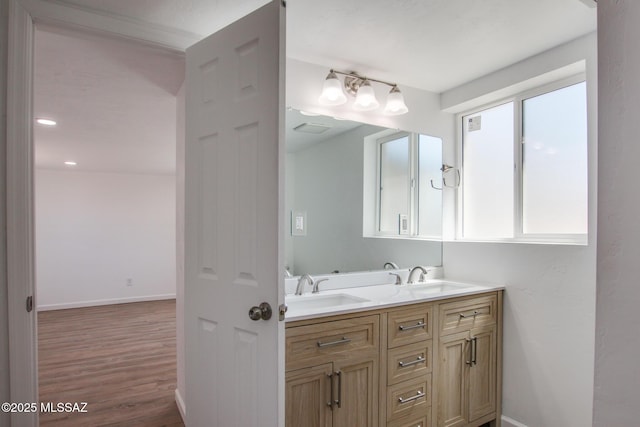 full bathroom featuring double vanity, baseboards, a sink, and wood finished floors