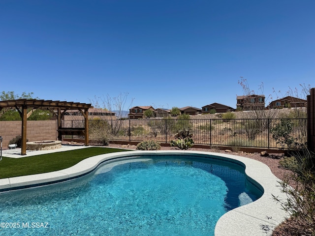 view of pool with a residential view, a pergola, a fenced in pool, a fenced backyard, and a patio area