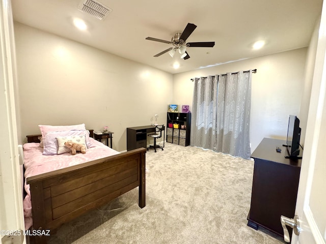 bedroom featuring visible vents, carpet flooring, a ceiling fan, and recessed lighting