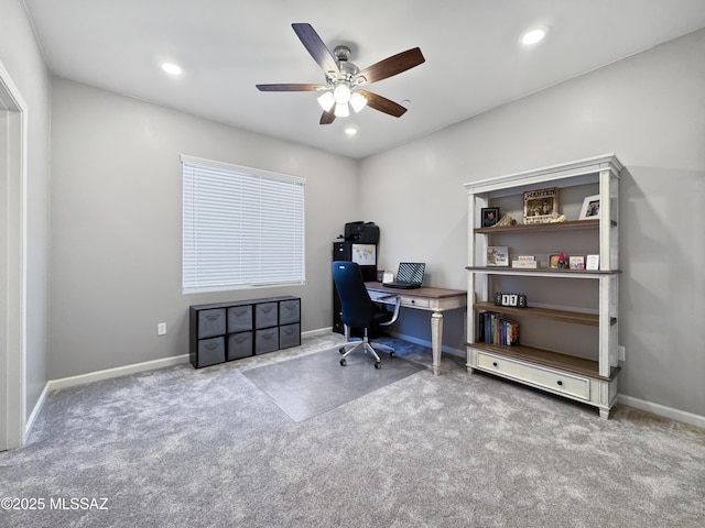 carpeted home office with baseboards, recessed lighting, and ceiling fan