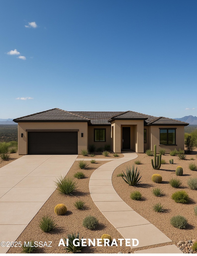 24 Camino Olympia, Rio Rico, AZ 85648 - prairie-style home with stucco siding, a tiled roof, an attached garage, a mountain view, and driveway