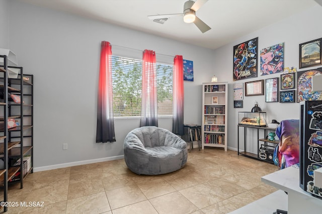 sitting room featuring visible vents, a ceiling fan, and baseboards
