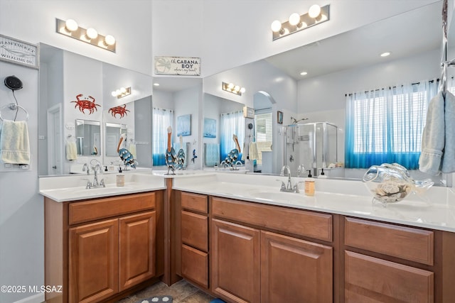 bathroom with a shower stall and vanity