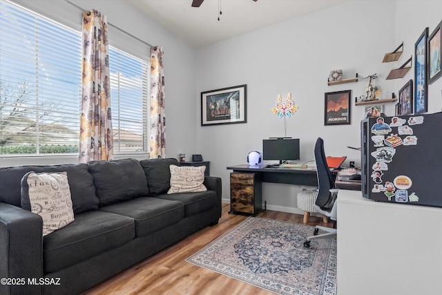 office space with ceiling fan, a healthy amount of sunlight, and wood finished floors