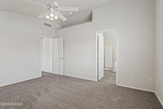 2253 W Catalina View Dr, Tucson, AZ 85742 - unfurnished bedroom featuring a ceiling fan, carpet floors, visible vents, baseboards, and lofted ceiling