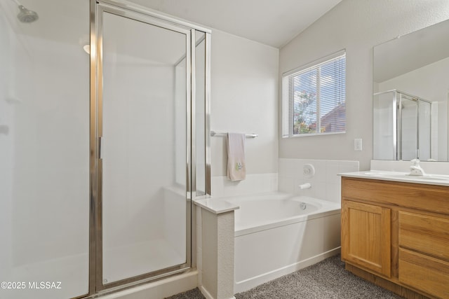 2253 W Catalina View Dr, Tucson, AZ 85742 - bathroom featuring a stall shower, vanity, and a bath