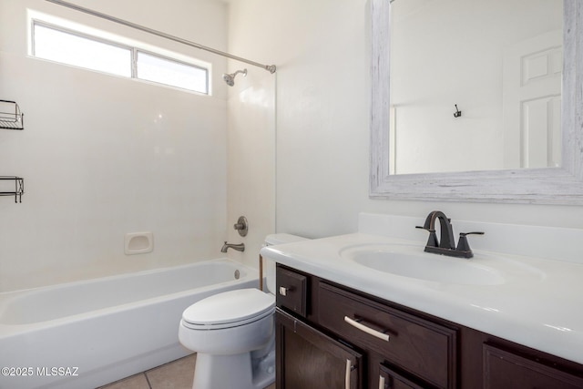 bathroom with toilet,  shower combination, tile patterned floors, and vanity