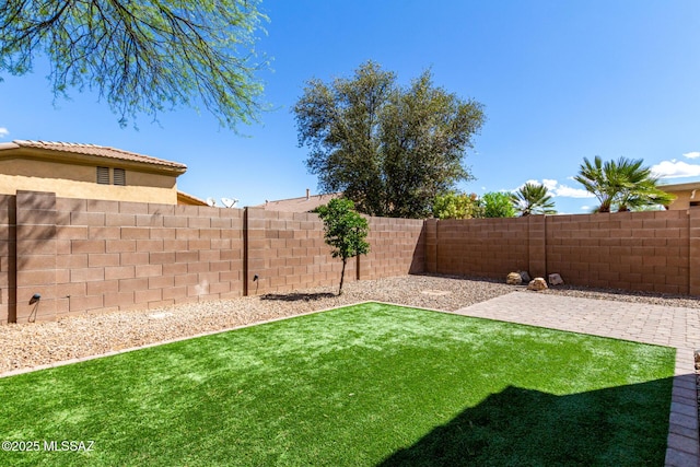 view of yard with a fenced backyard and a patio area