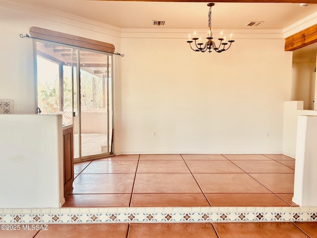 unfurnished dining area featuring an inviting chandelier, tile patterned flooring, and visible vents