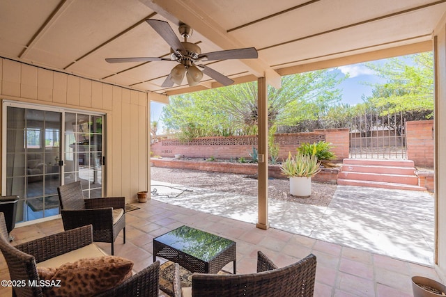 649 W Via, San Mateo, Green Valley, AZ 85614 - view of patio / terrace featuring a fenced backyard and ceiling fan