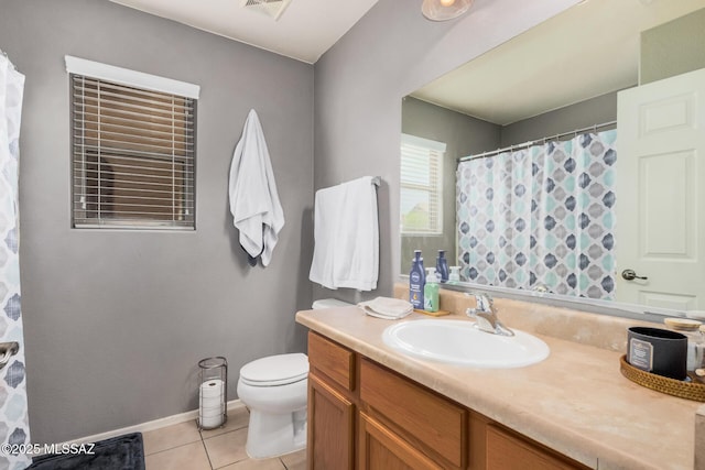 full bath with vanity, a shower with curtain, toilet, tile patterned flooring, and visible vents