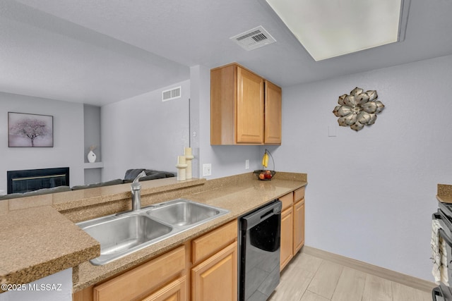 101 S Players Club Dr Unit 12103, Tucson, AZ 85745 - kitchen with visible vents, light brown cabinets, a sink, and black dishwasher
