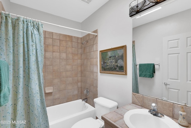 bathroom featuring visible vents, vanity, shower / bathtub combination with curtain, and toilet