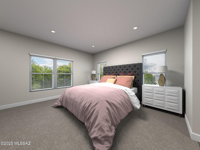bedroom featuring recessed lighting, multiple windows, baseboards, and carpet floors