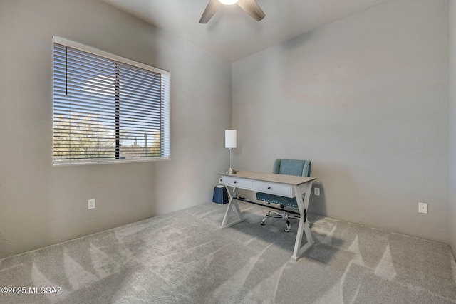 home office with carpet flooring and ceiling fan