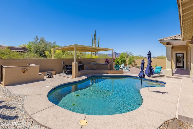 view of swimming pool with a patio, exterior kitchen, a fenced in pool, and a fenced backyard
