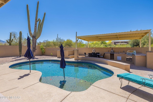 view of swimming pool featuring a patio, exterior kitchen, a fenced in pool, and a fenced backyard