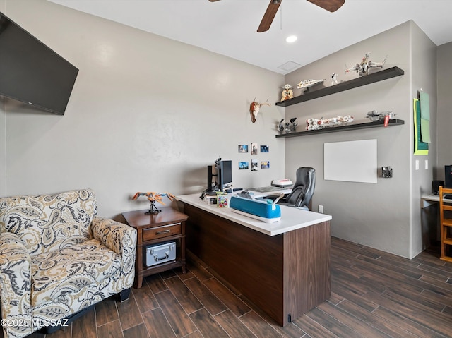office with recessed lighting, a ceiling fan, and dark wood finished floors