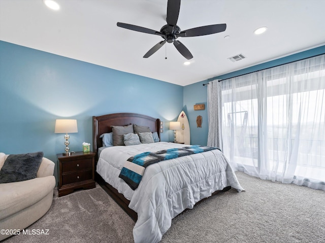 bedroom with visible vents, ceiling fan, recessed lighting, and carpet flooring