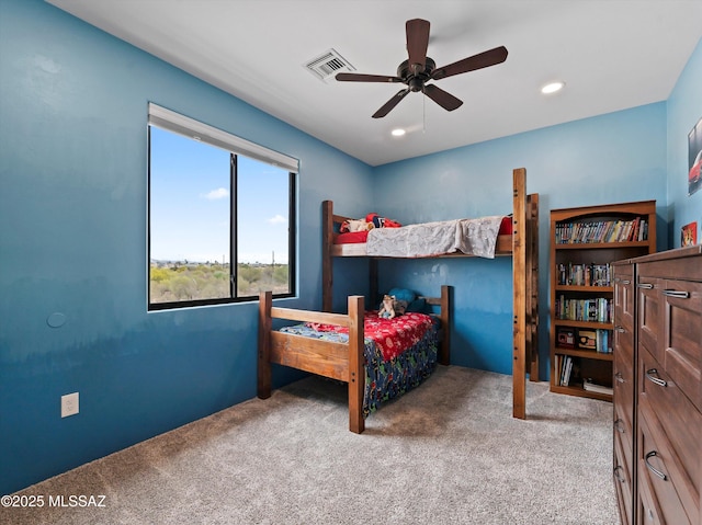 carpeted bedroom with recessed lighting, visible vents, and ceiling fan