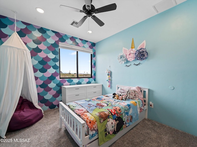 carpeted bedroom with recessed lighting, visible vents, and ceiling fan