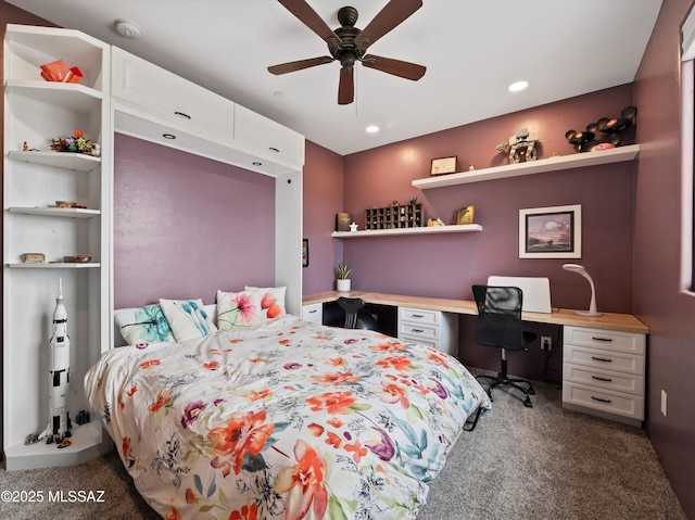 carpeted bedroom featuring a ceiling fan and recessed lighting