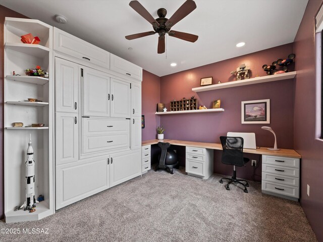 office area featuring light carpet, recessed lighting, and a ceiling fan
