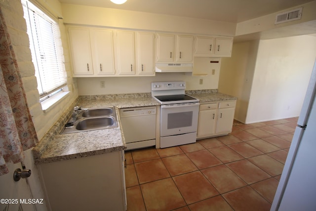 2665 N Leah Pl, Tucson, AZ 85705 - kitchen featuring white appliances, a sink, under cabinet range hood, and white cabinets