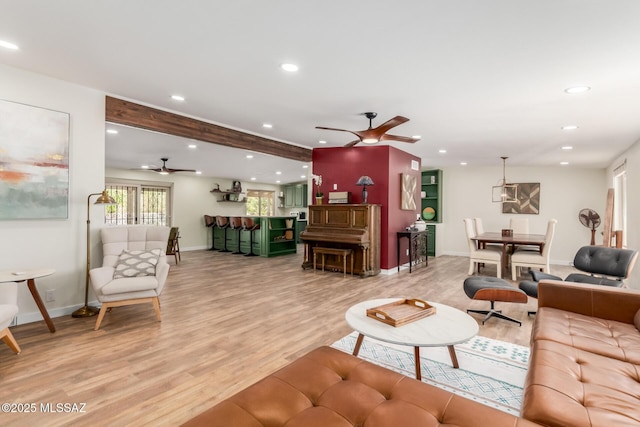 6821 N Cassim Pl, Tucson, AZ 85704 - living area with a ceiling fan, recessed lighting, light wood-type flooring, baseboards, and beam ceiling