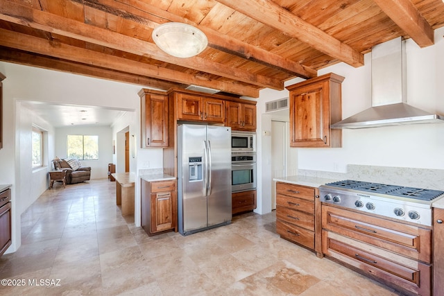 17300 S Camino Cartagena, Sahuarita, AZ 85629 - kitchen featuring visible vents, beam ceiling, wall chimney range hood, wood ceiling, and stainless steel appliances