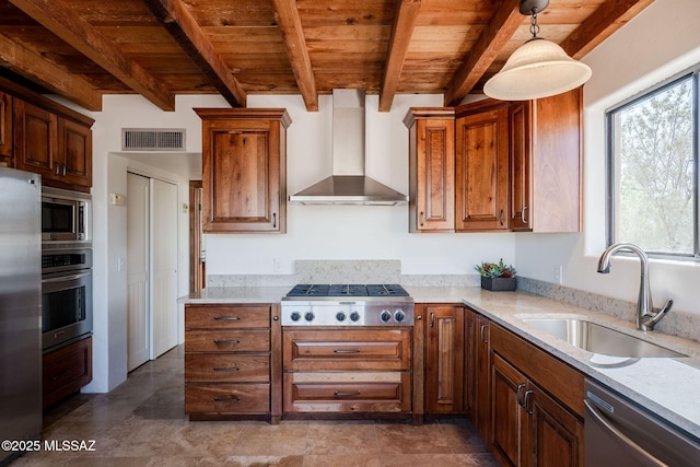 17300 S Camino Cartagena, Sahuarita, AZ 85629 - kitchen with visible vents, wall chimney exhaust hood, wooden ceiling, a sink, and appliances with stainless steel finishes