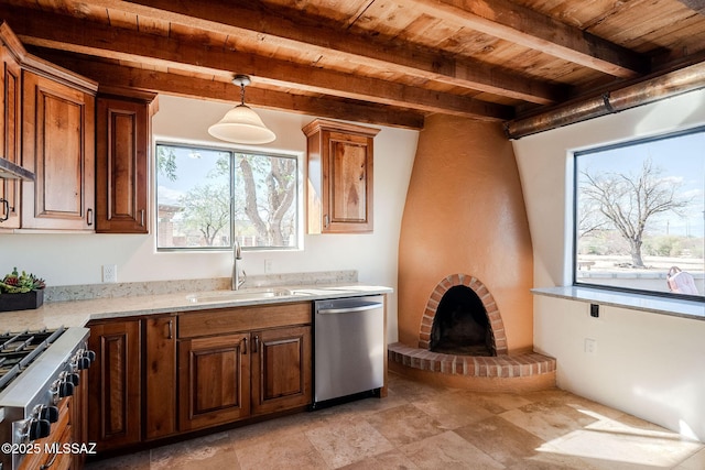 17300 S Camino Cartagena, Sahuarita, AZ 85629 - kitchen featuring beam ceiling, a sink, stove, wooden ceiling, and stainless steel dishwasher