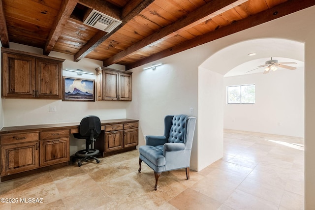 17300 S Camino Cartagena, Sahuarita, AZ 85629 - office area with visible vents, beam ceiling, built in study area, wooden ceiling, and arched walkways