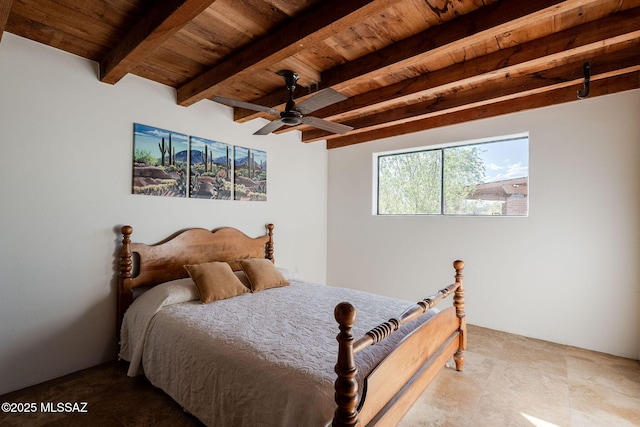 17300 S Camino Cartagena, Sahuarita, AZ 85629 - bedroom with wood ceiling, beamed ceiling, and a ceiling fan