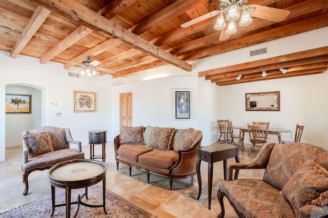17300 S Camino Cartagena, Sahuarita, AZ 85629 - living room with a ceiling fan, beam ceiling, and wood ceiling