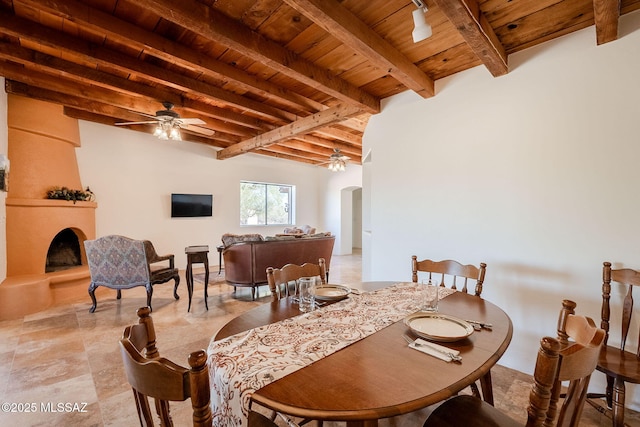 17300 S Camino Cartagena, Sahuarita, AZ 85629 - dining space with wooden ceiling, beamed ceiling, and a ceiling fan