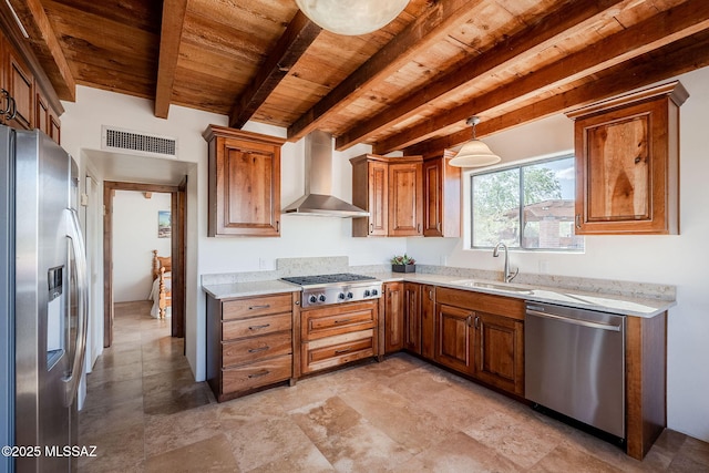 17300 S Camino Cartagena, Sahuarita, AZ 85629 - kitchen featuring visible vents, a sink, wooden ceiling, stainless steel appliances, and wall chimney exhaust hood
