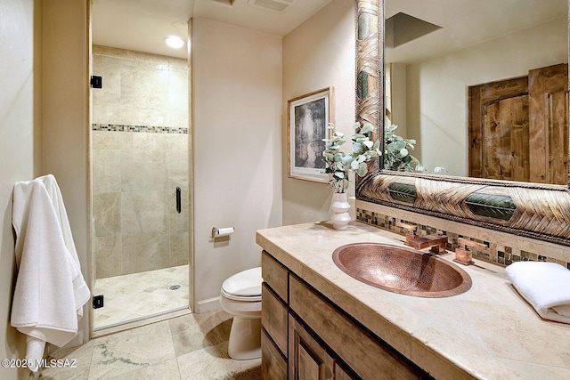 full bath featuring visible vents, vanity, a shower stall, and toilet