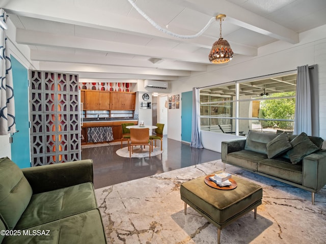living area with an AC wall unit, concrete floors, and beamed ceiling