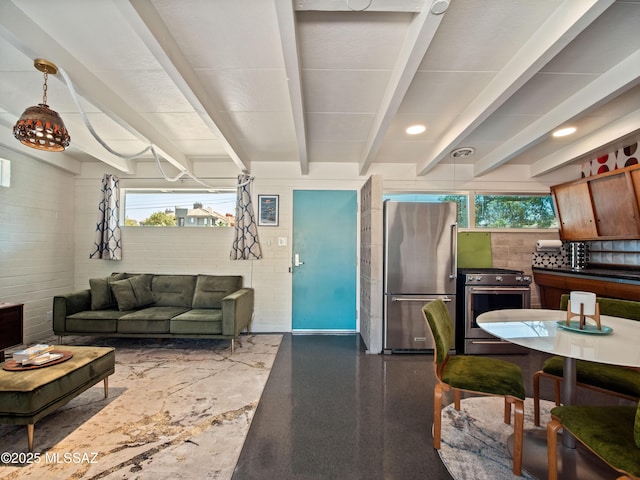 living room featuring beam ceiling