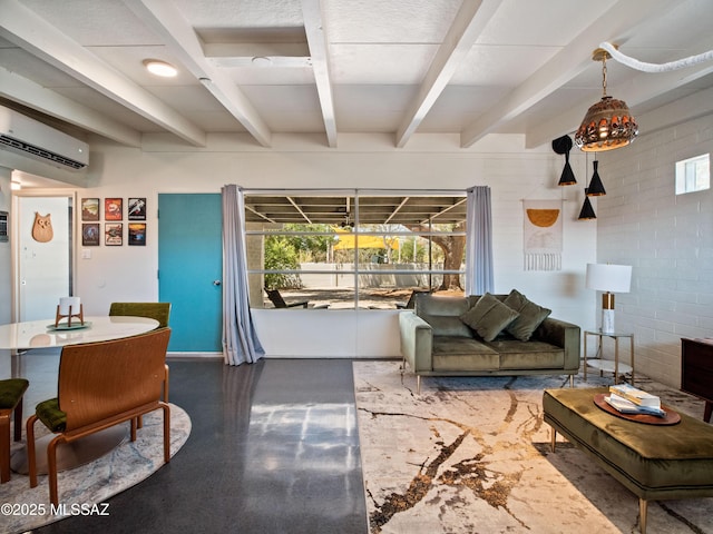 living area with a wall unit AC and beam ceiling